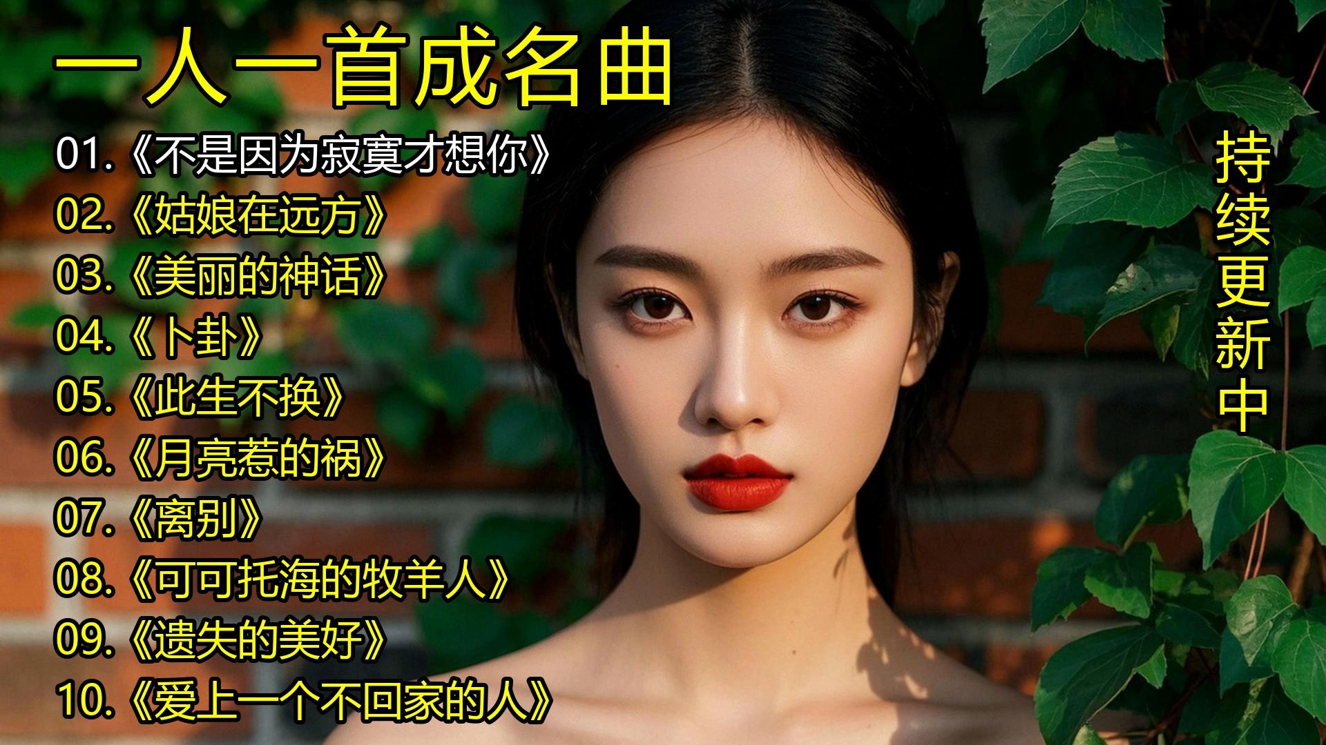 一人一首成名曲《不是因为寂寞才想你》《姑娘在远方》《美丽的神话》《卜卦》《此生不换》《月亮惹的祸》《离别》《可可托海的牧羊人》《遗失的美好》《爱上一个不回家的人-1.jpg